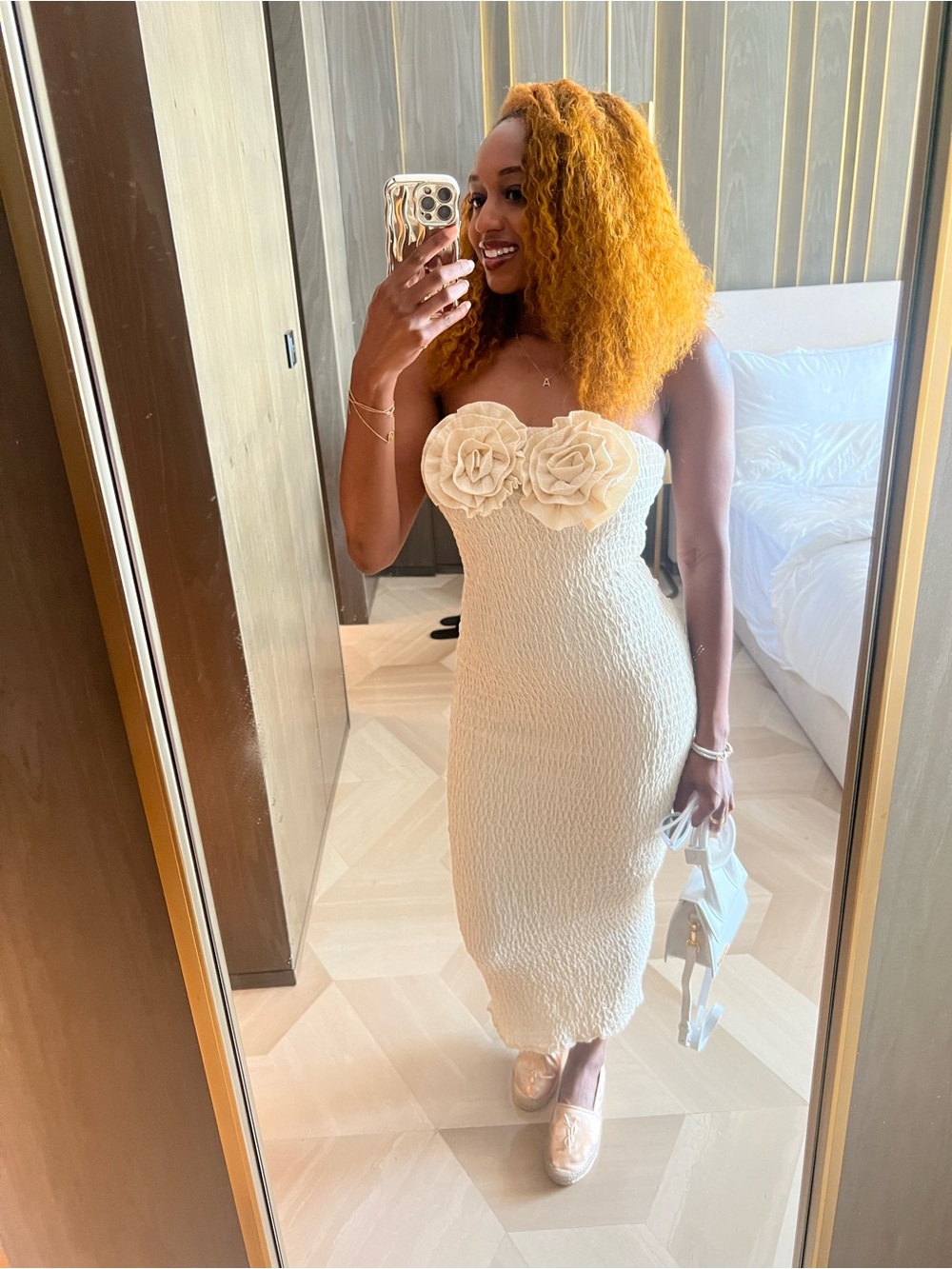 Cream Strapless Floral Appliqué Tube Dress